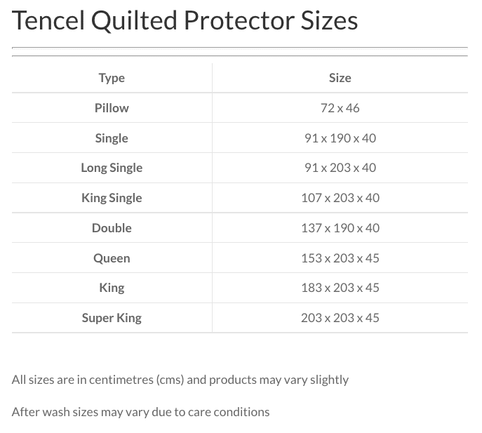 Quilted-Tencel Protector-size-guide